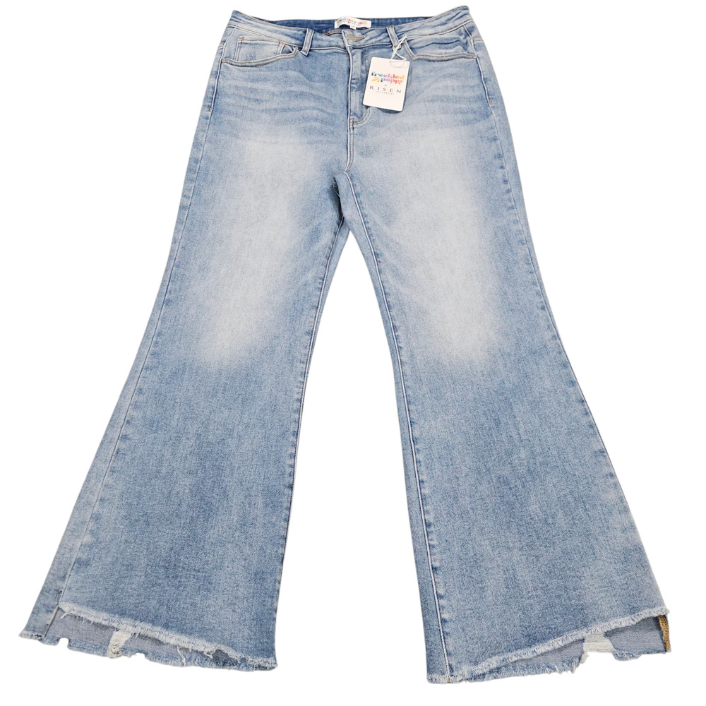 Risen Jeans x Freckled Poppy Womens 1XL Blue Light Wash Flare Distressed Raw Hem